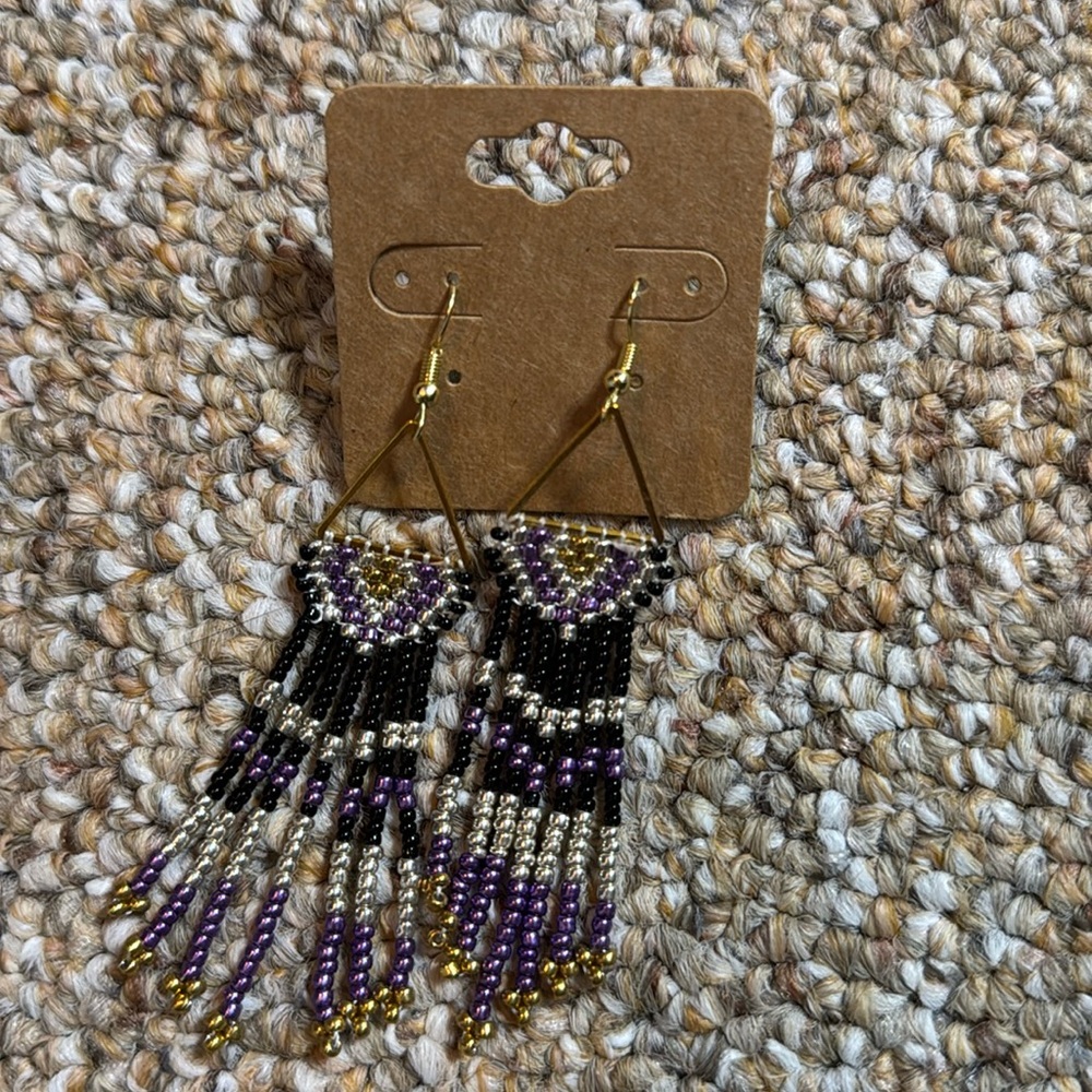 Handcrafted Black and Purple Beaded Earrings
